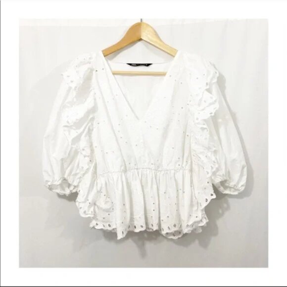 ZARA EYELET RUFFLE PUFF SLEEVE COTTON OUTWORK OPENWORK EMBROIDERED TOP - Picture 3 of 10